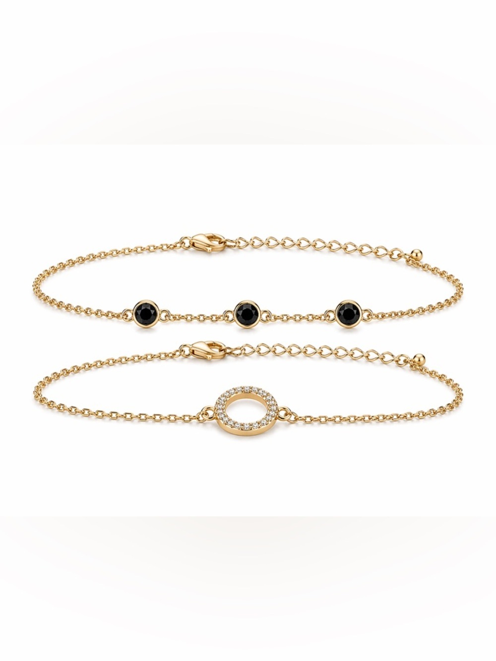 Gold Black Onyx & Crystal Circle Bracelet Set Adjustable 6–9.5” 2pcs
